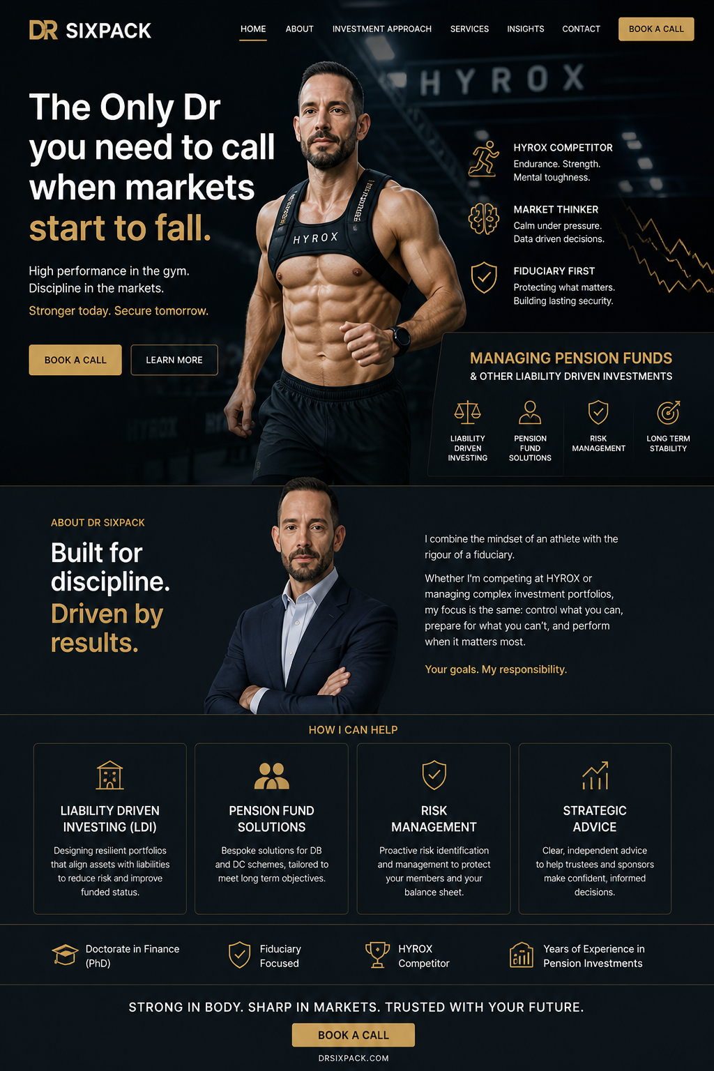Dr Sixpack landing page concept showing fitness and investment themes